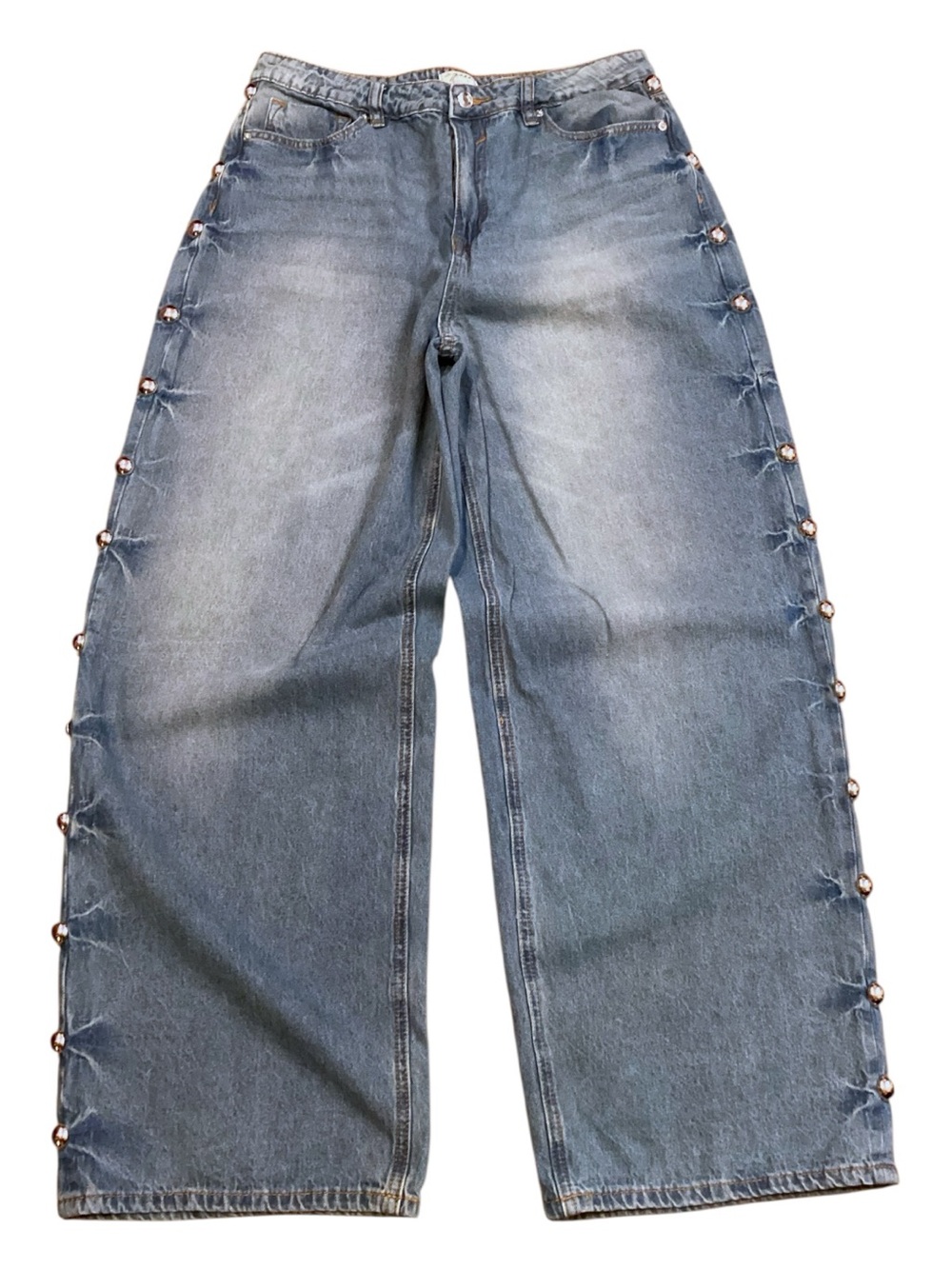 Vigoss Blue Wide Leg Baggy Jeans Silver Dome Studs Size 11/30 Streetwear Grunge